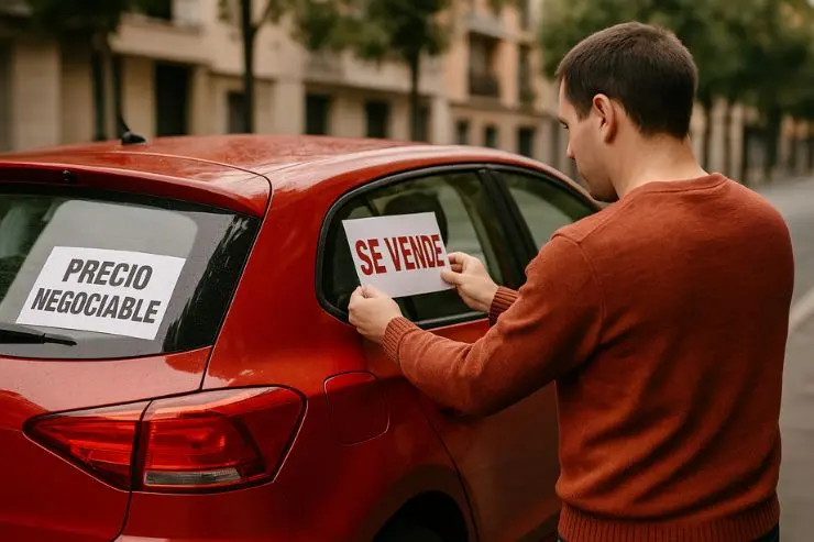 colocacion-carteles-coche Joven colocando un cartel de se vende coche