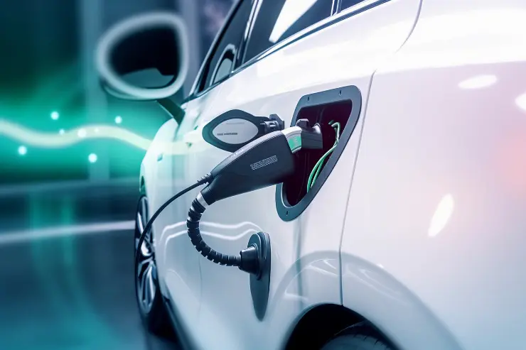 Coche eléctrico repostando con un fondo de fantasia