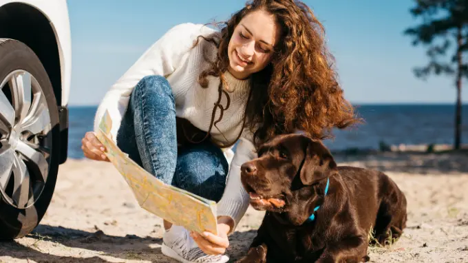 1 Mujer y su perro mirando un plano en la playa