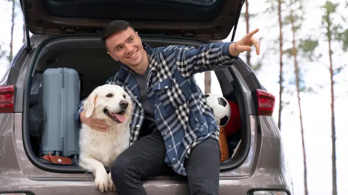 4 Hombre con su perro en el maletero del coche